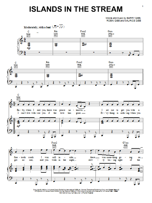 Bee Gees Islands In The Stream Sheet Music Notes & Chords for Piano, Vocal & Guitar (Right-Hand Melody) - Download or Print PDF