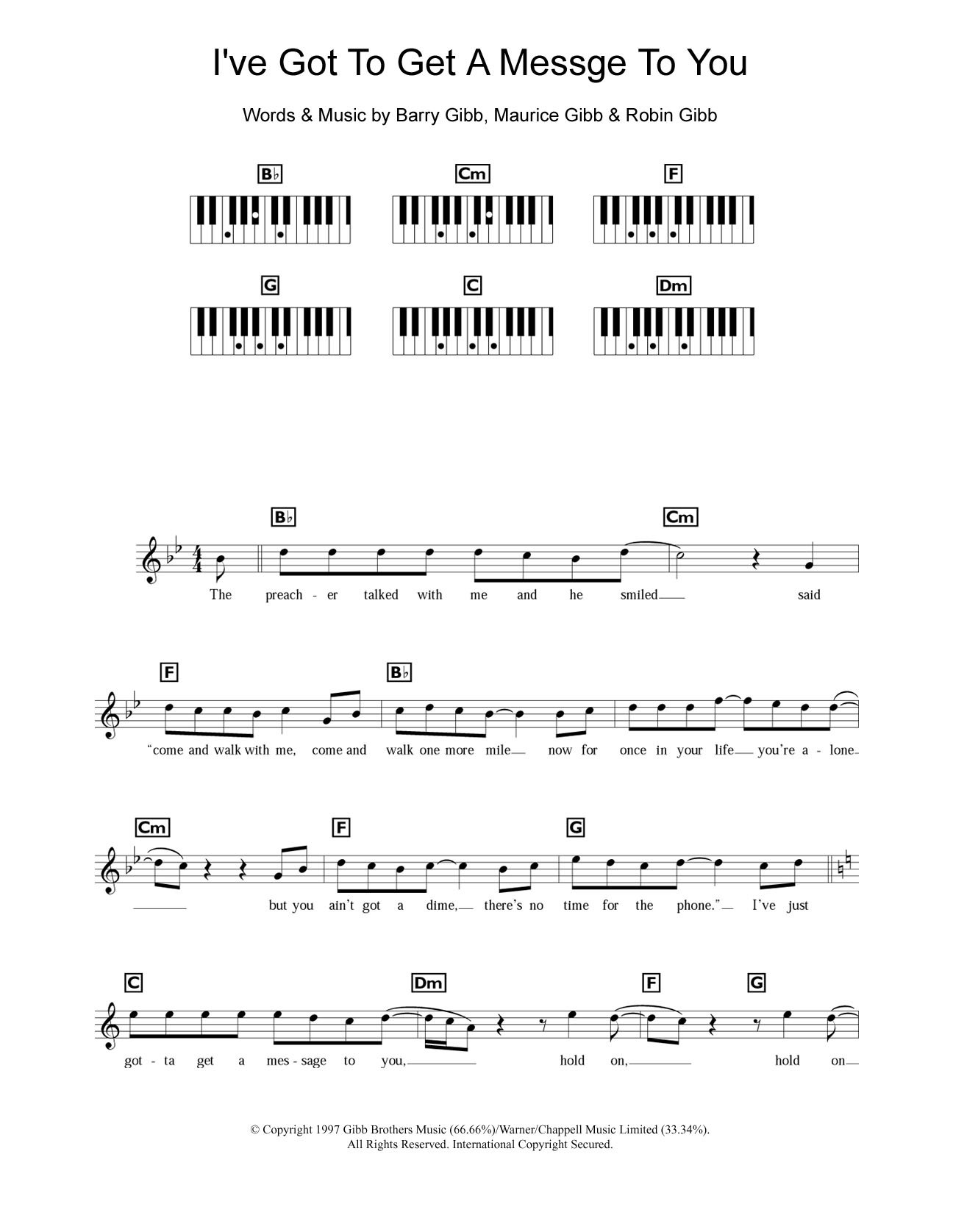 Bee Gees I've Got To Get A Message To You Sheet Music Notes & Chords for Piano Chords/Lyrics - Download or Print PDF