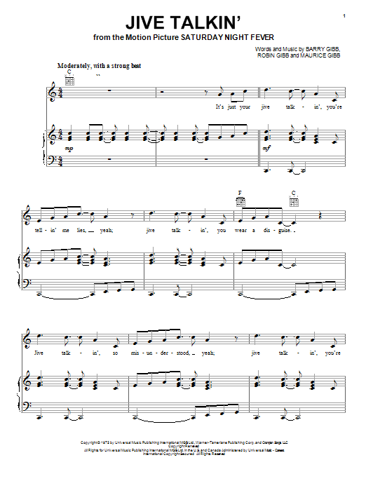 Bee Gees Jive Talkin' Sheet Music Notes & Chords for Piano, Vocal & Guitar (Right-Hand Melody) - Download or Print PDF