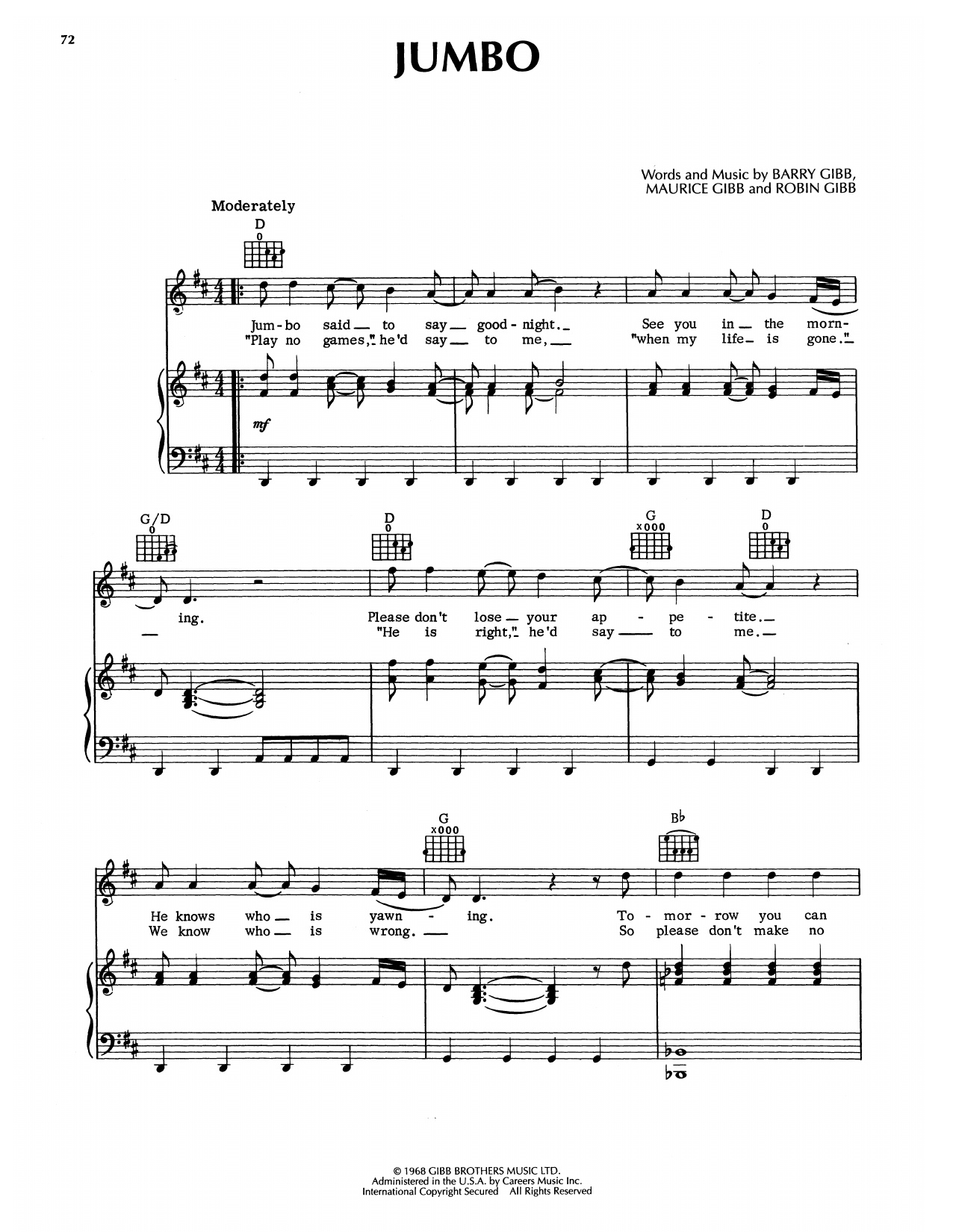 Bee Gees Jumbo Sheet Music Notes & Chords for Piano, Vocal & Guitar Chords (Right-Hand Melody) - Download or Print PDF