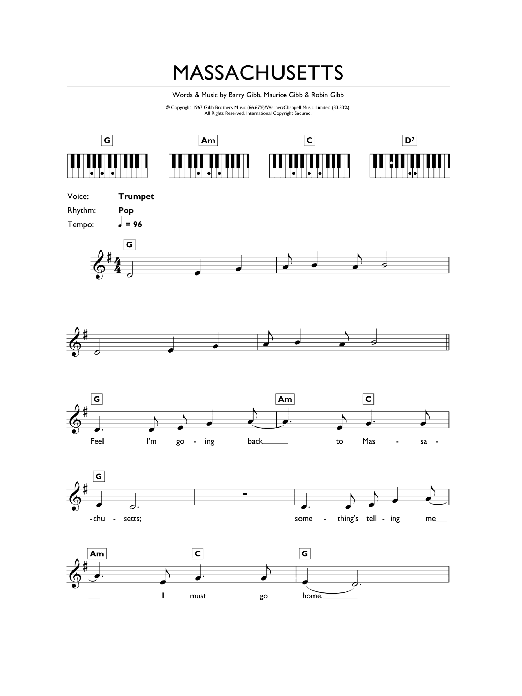 Bee Gees Massachusetts Sheet Music Notes & Chords for Piano Chords/Lyrics - Download or Print PDF