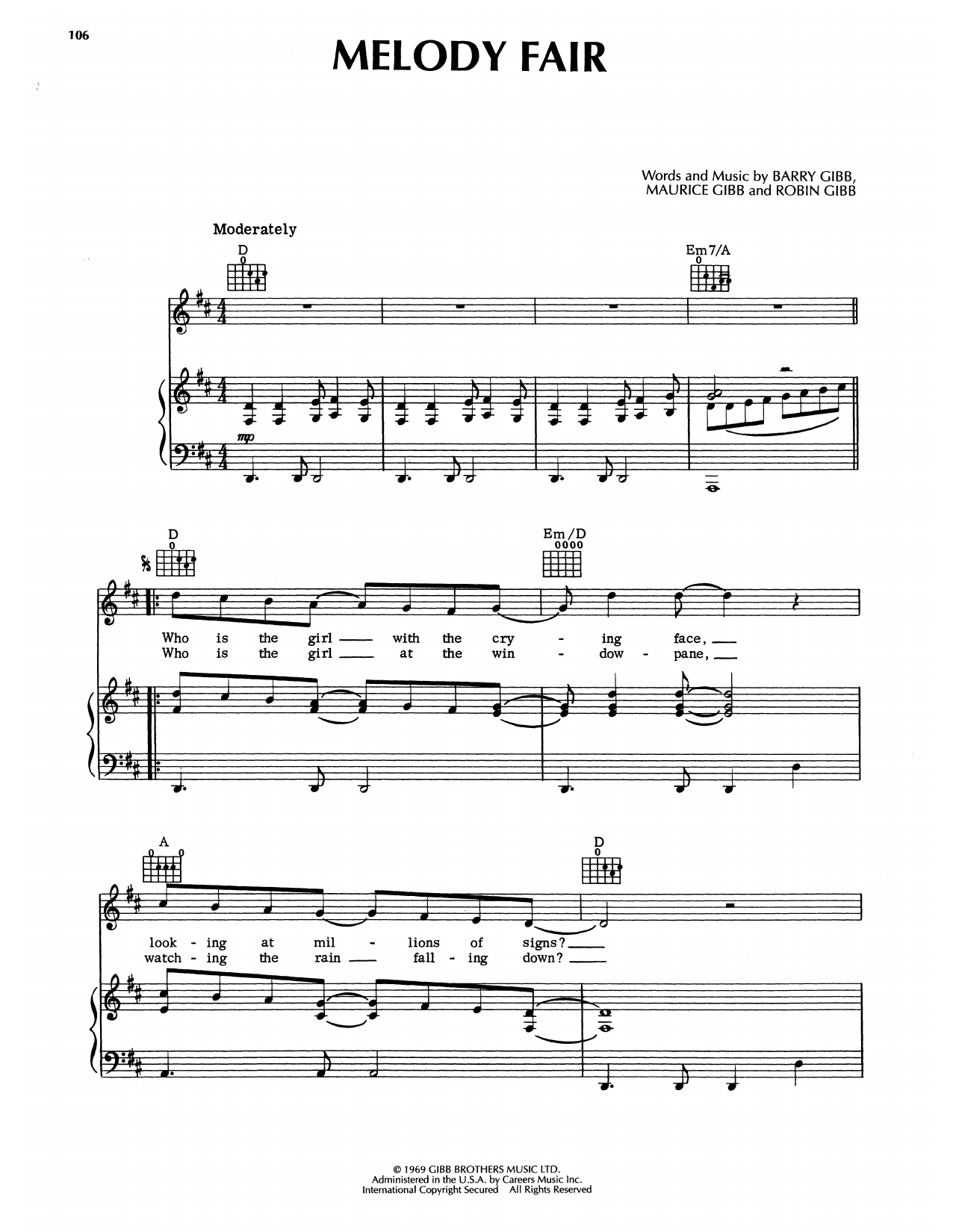 Bee Gees Melody Fair Sheet Music Notes & Chords for Piano, Vocal & Guitar Chords (Right-Hand Melody) - Download or Print PDF