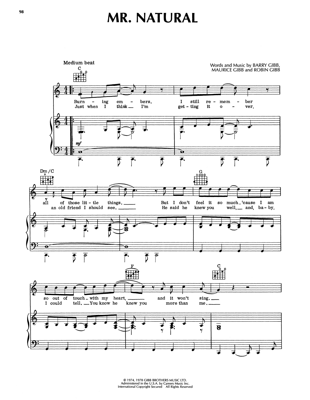 Bee Gees Mr. Natural Sheet Music Notes & Chords for Piano, Vocal & Guitar Chords (Right-Hand Melody) - Download or Print PDF