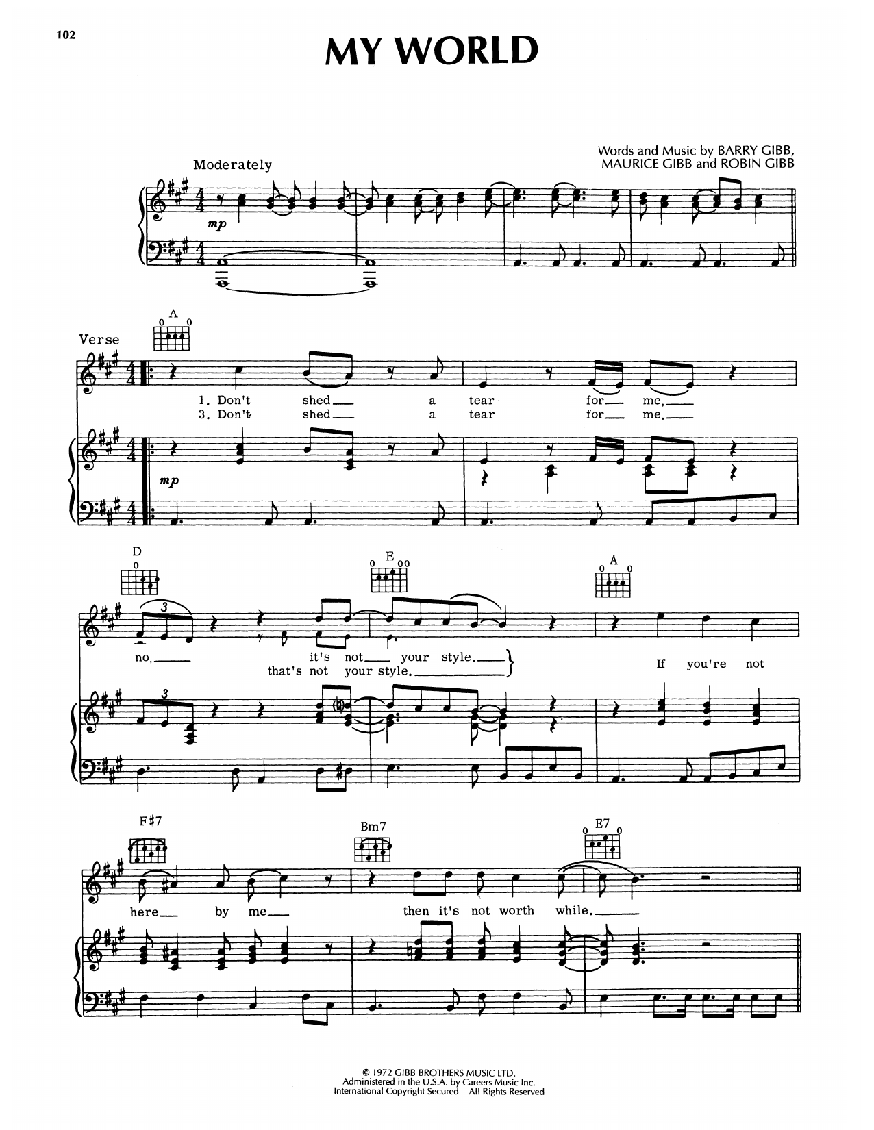 Bee Gees My World Sheet Music Notes & Chords for Piano, Vocal & Guitar Chords (Right-Hand Melody) - Download or Print PDF