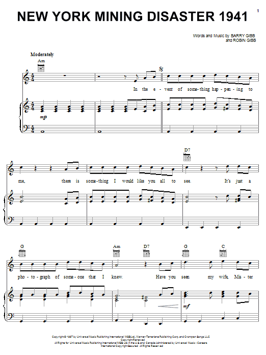 Bee Gees New York Mining Disaster 1941 Sheet Music Notes & Chords for Lyrics & Chords - Download or Print PDF