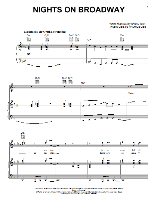 Bee Gees Nights On Broadway Sheet Music Notes & Chords for Piano, Vocal & Guitar (Right-Hand Melody) - Download or Print PDF