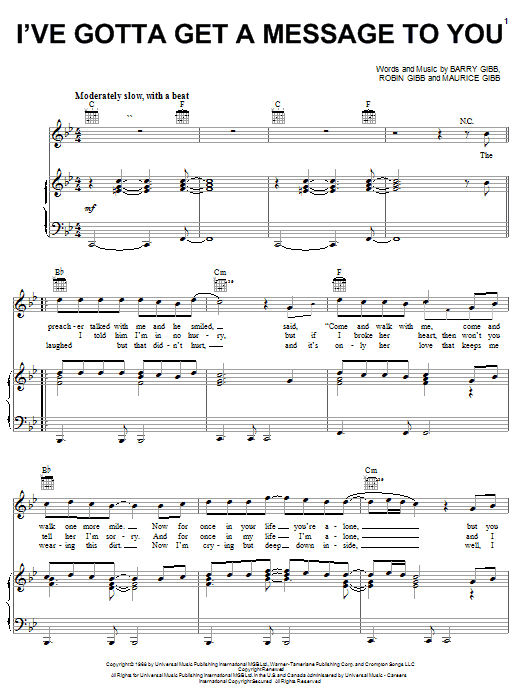 Preview Bee Gees I've Gotta Get A Message To You Pop sheet music, notes and chords for Lyrics & Chords, SKU: 103751 I've Gotta Get A Message To You sheet music