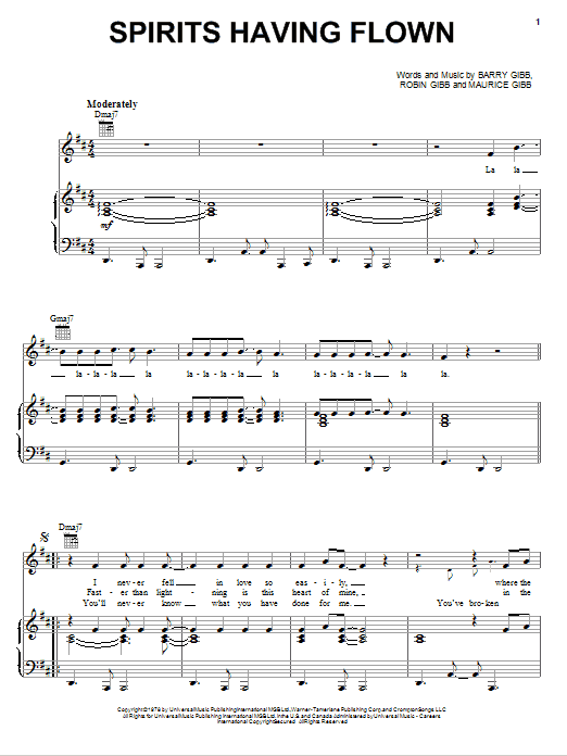 Preview Bee Gees Spirits Having Flown Pop sheet music, notes and chords for Piano, Vocal & Guitar (Right-Hand Melody), SKU: 74937 Spirits Having Flown sheet music
