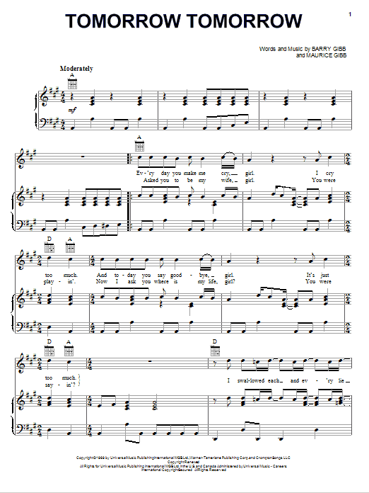 Preview Bee Gees Tomorrow Tomorrow Pop sheet music, notes and chords for Piano, Vocal & Guitar (Right-Hand Melody), SKU: 74938 Tomorrow Tomorrow sheet music