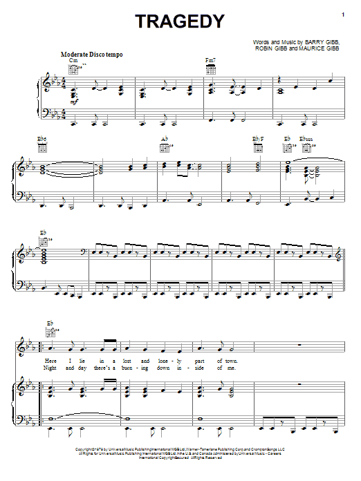 Preview Bee Gees Tragedy Pop sheet music, notes and chords for Piano, Vocal & Guitar, SKU: 14845 sheet music, piano notes, chords, guitar tabs, score, transpose, transcribe, how to play, guide, download, learn, tutorial, progression, song, artist, awards, billboard, mtv, vh1, tour, single, album, release