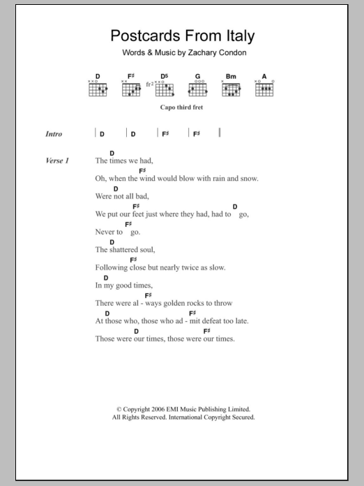 Beirut Postcards From Italy Sheet Music Notes & Chords for Lyrics & Chords - Download or Print PDF