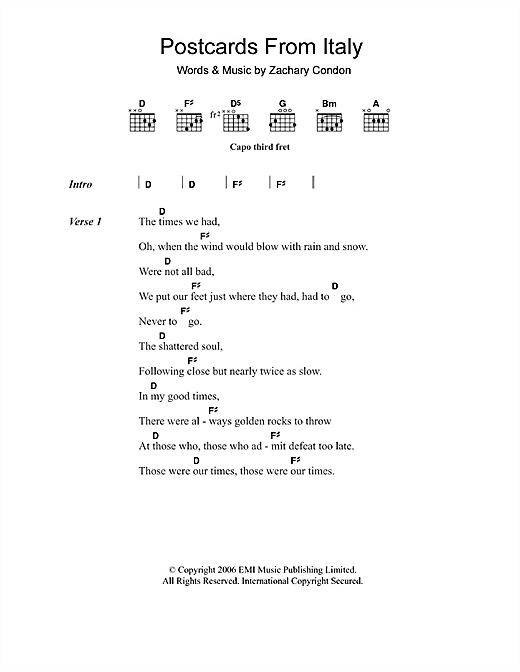 Beirut Postcards From Italy Sheet Music Notes & Chords for Lyrics & Chords - Download or Print PDF