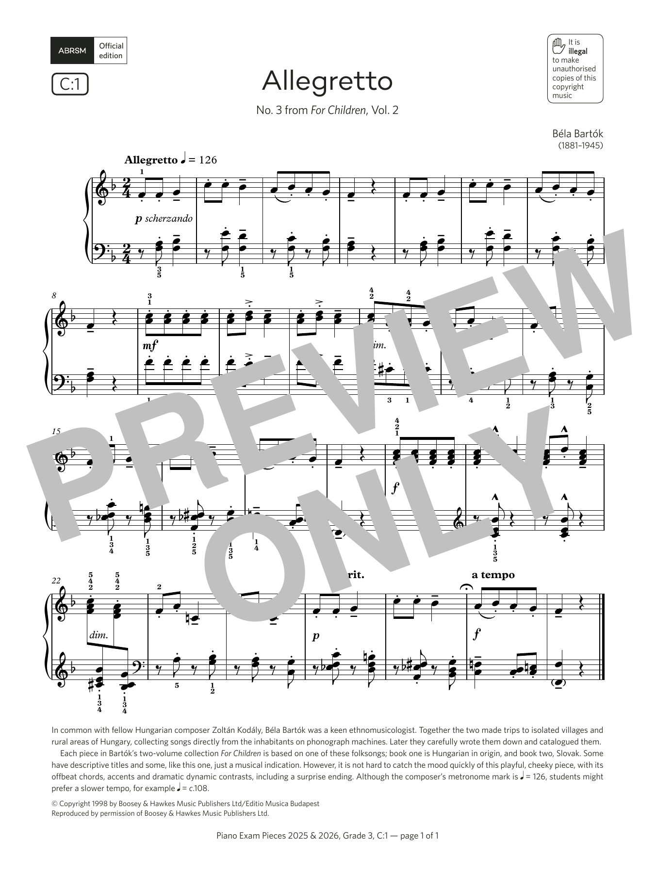 Béla Bartók Allegretto (Grade 3, list C1, from the ABRSM Piano Syllabus 2025 & 2026) Sheet Music Notes & Chords for Piano Solo - Download or Print PDF