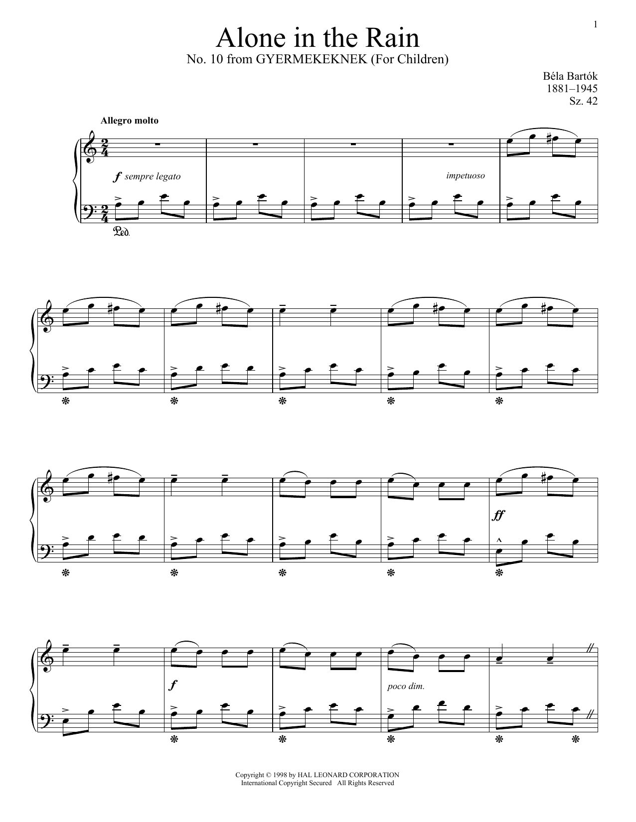 Béla Bartók Alone In The Rain Sheet Music Notes & Chords for Piano - Download or Print PDF