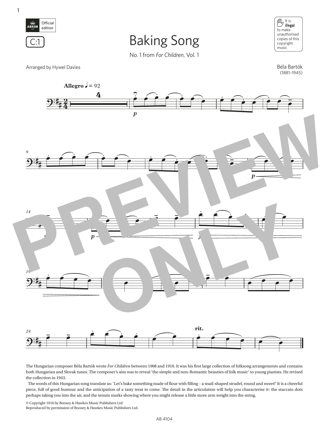 Bela Bartók Baking Song (Grade 1, C1, from the ABRSM Cello Syllabus from 2024) Sheet Music Notes & Chords for Cello Solo - Download or Print PDF
