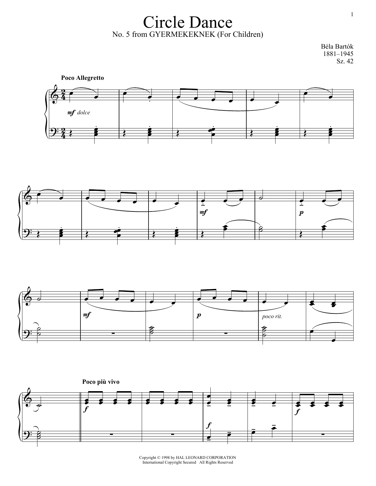 Béla Bartók Circle Dance Sheet Music Notes & Chords for Piano - Download or Print PDF