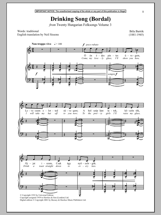 Béla Bartók Drinking Song (Bordal) (from Twenty Hungarian Folksongs Vol. 3) Sheet Music Notes & Chords for Piano - Download or Print PDF