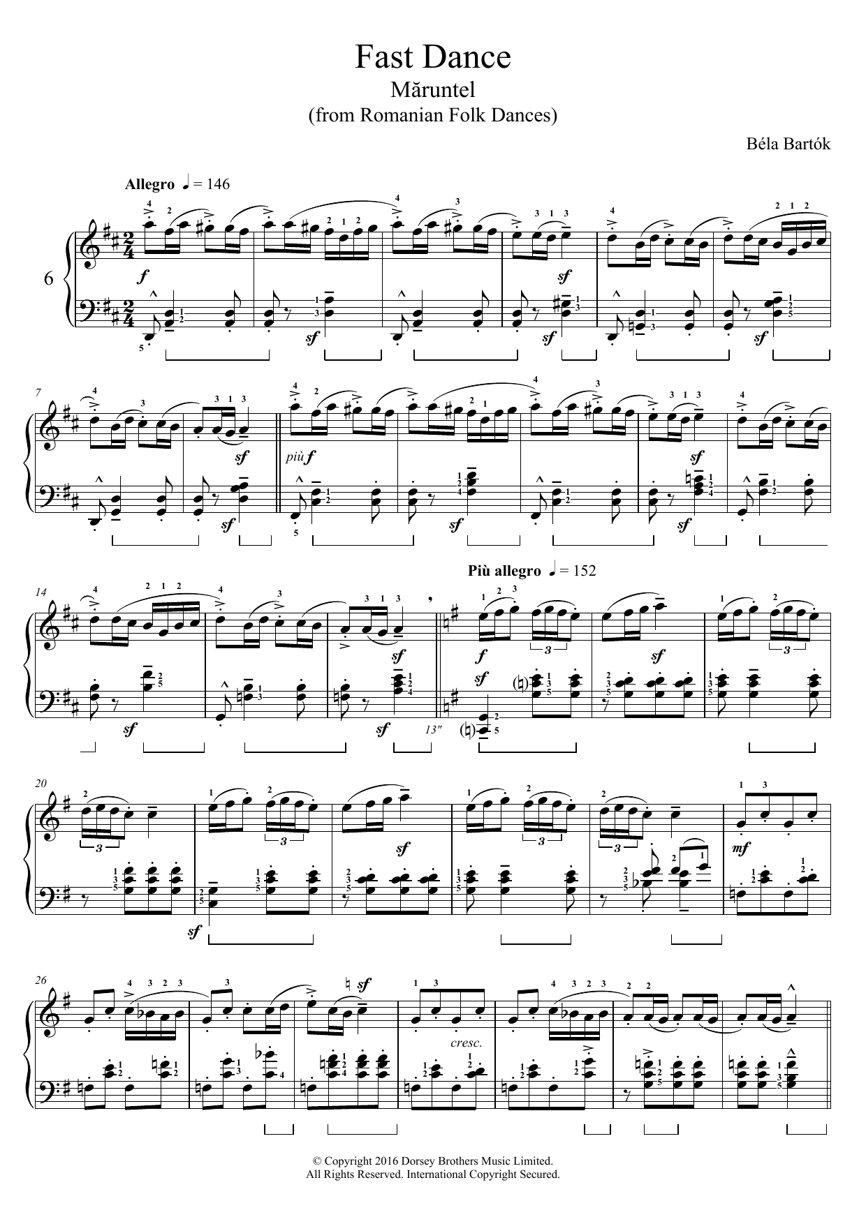Béla Bartók Fast Dance (from Romanian Folk Dances) Sheet Music Notes & Chords for Piano - Download or Print PDF