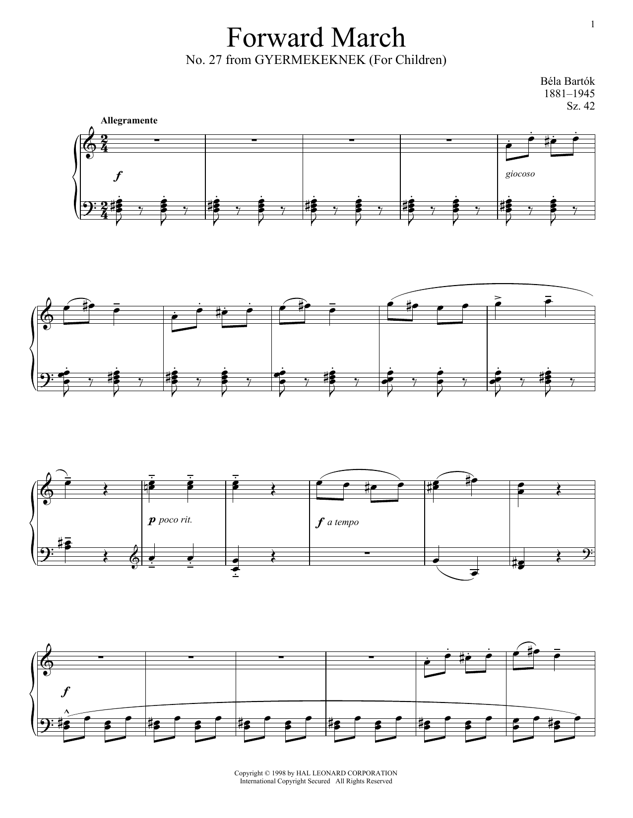 Béla Bartók Forward March Sheet Music Notes & Chords for Piano - Download or Print PDF