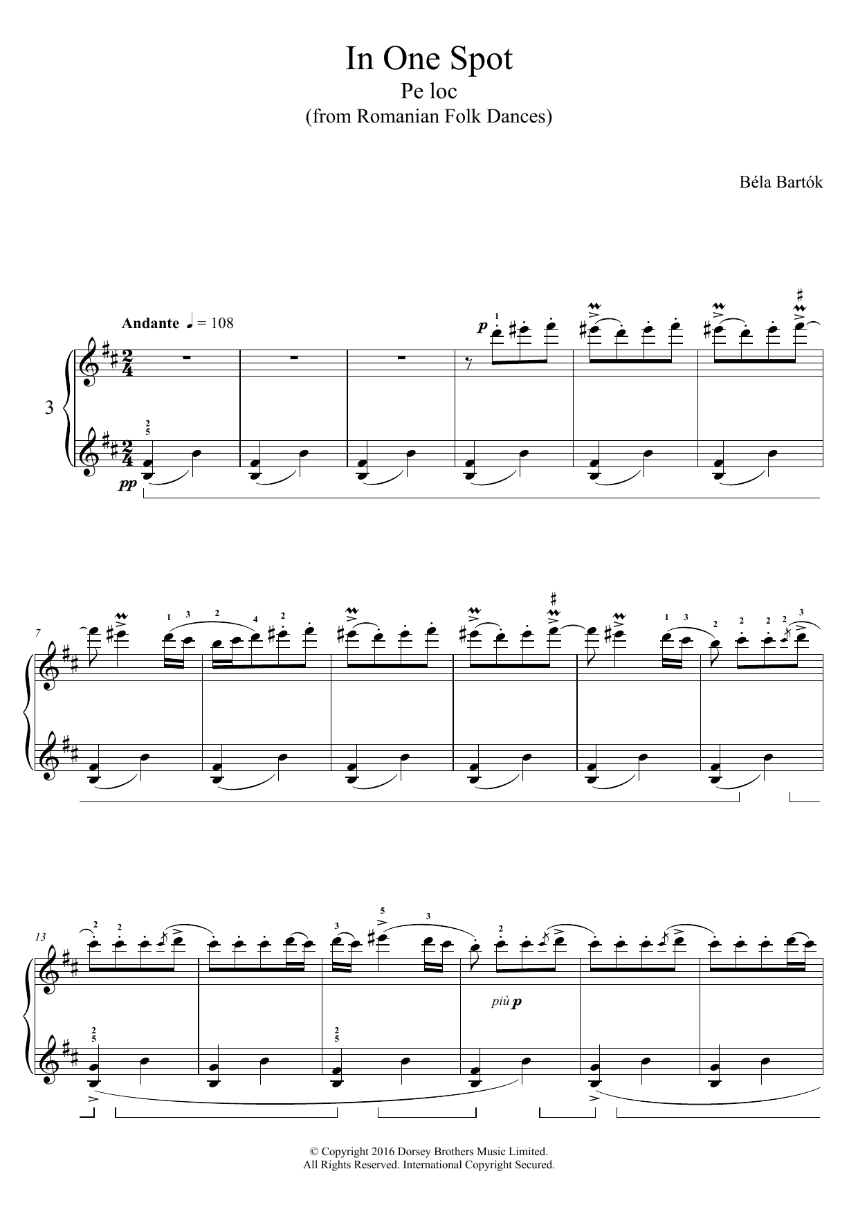 Béla Bartók In One Spot (from Romanian Folk Dances) Sheet Music Notes & Chords for Piano - Download or Print PDF
