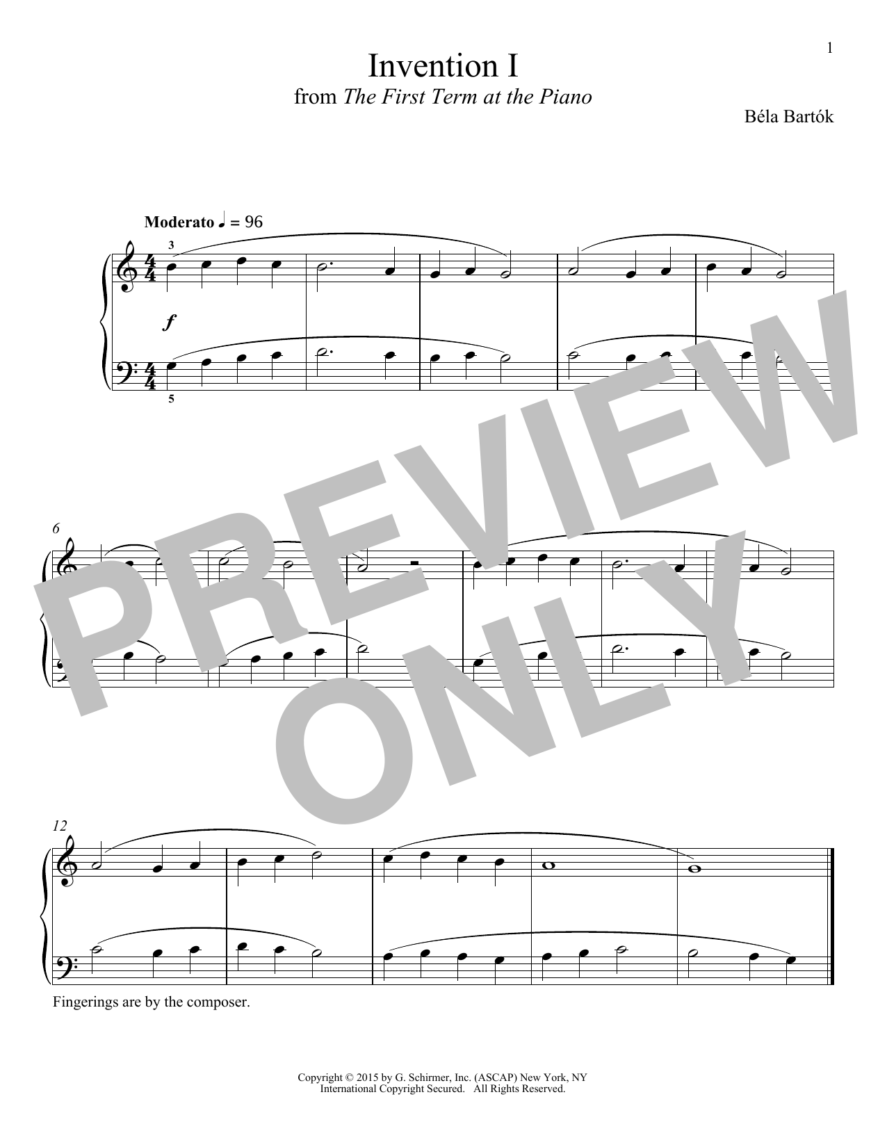 Béla Bartók Invention I Sheet Music Notes & Chords for Piano - Download or Print PDF