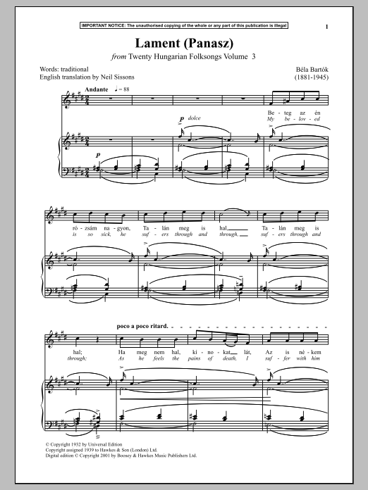 Béla Bartók Lament (Panasz) (from Twenty Hungarian Folksongs Vol. 3) Sheet Music Notes & Chords for Piano - Download or Print PDF