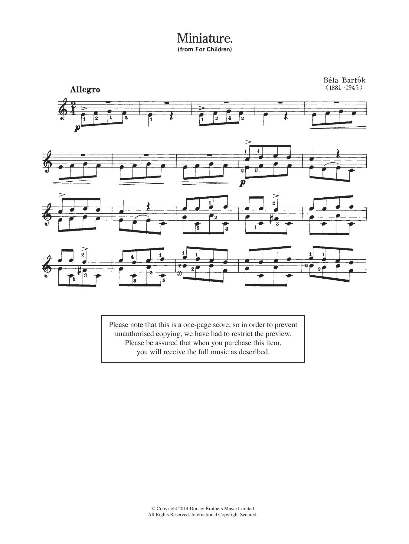 Béla Bartók Miniature (From 'For Children') Sheet Music Notes & Chords for Guitar - Download or Print PDF