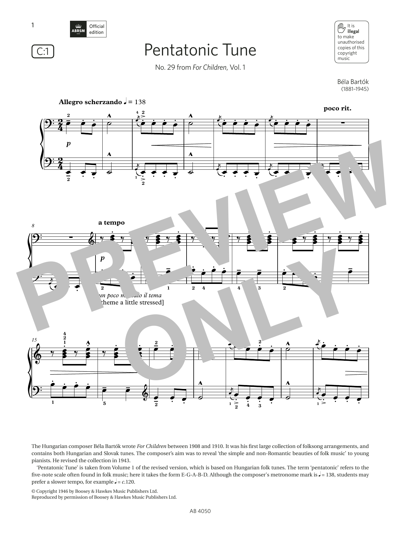 Béla Bartók Pentatonic Tune (Grade 4, list C1, from the ABRSM Piano Syllabus 2023 & 2024) Sheet Music Notes & Chords for Piano Solo - Download or Print PDF
