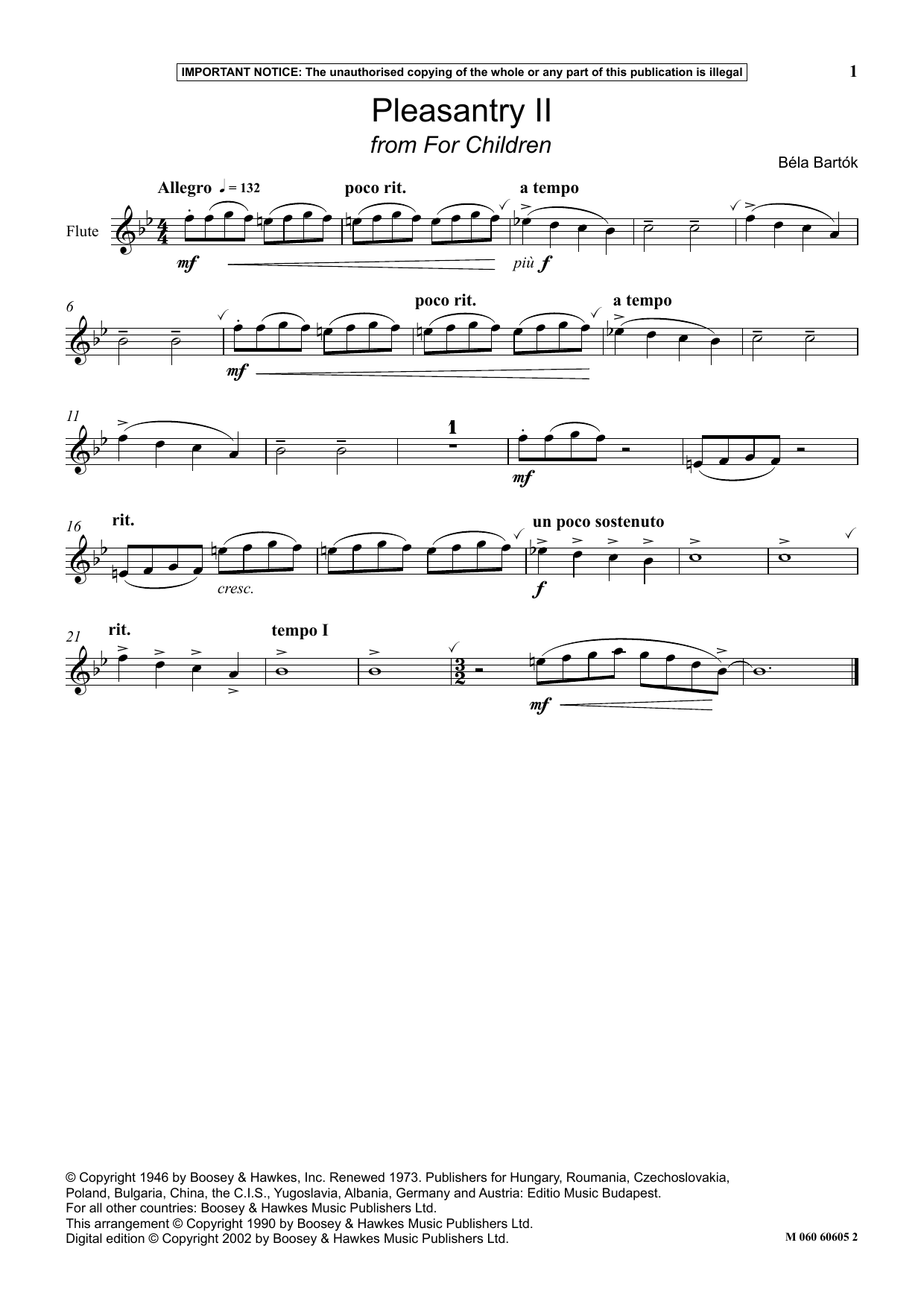Béla Bartók Pleasantry II (from For Children) Sheet Music Notes & Chords for Instrumental Solo - Download or Print PDF