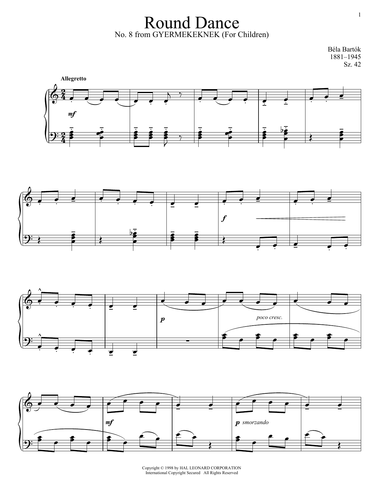 Béla Bartók Round Dance Sheet Music Notes & Chords for Piano - Download or Print PDF