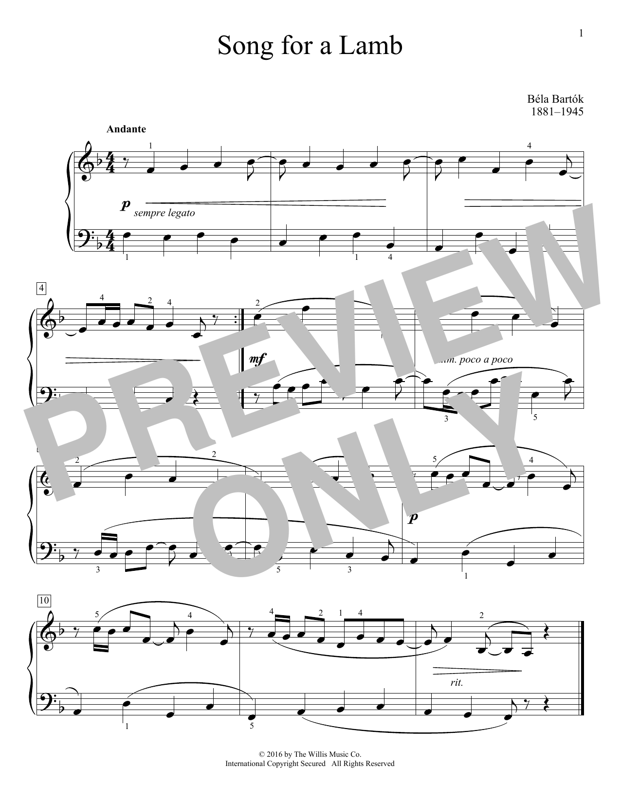 Bela Bartok Song For A Lamb Sheet Music Notes & Chords for Educational Piano - Download or Print PDF