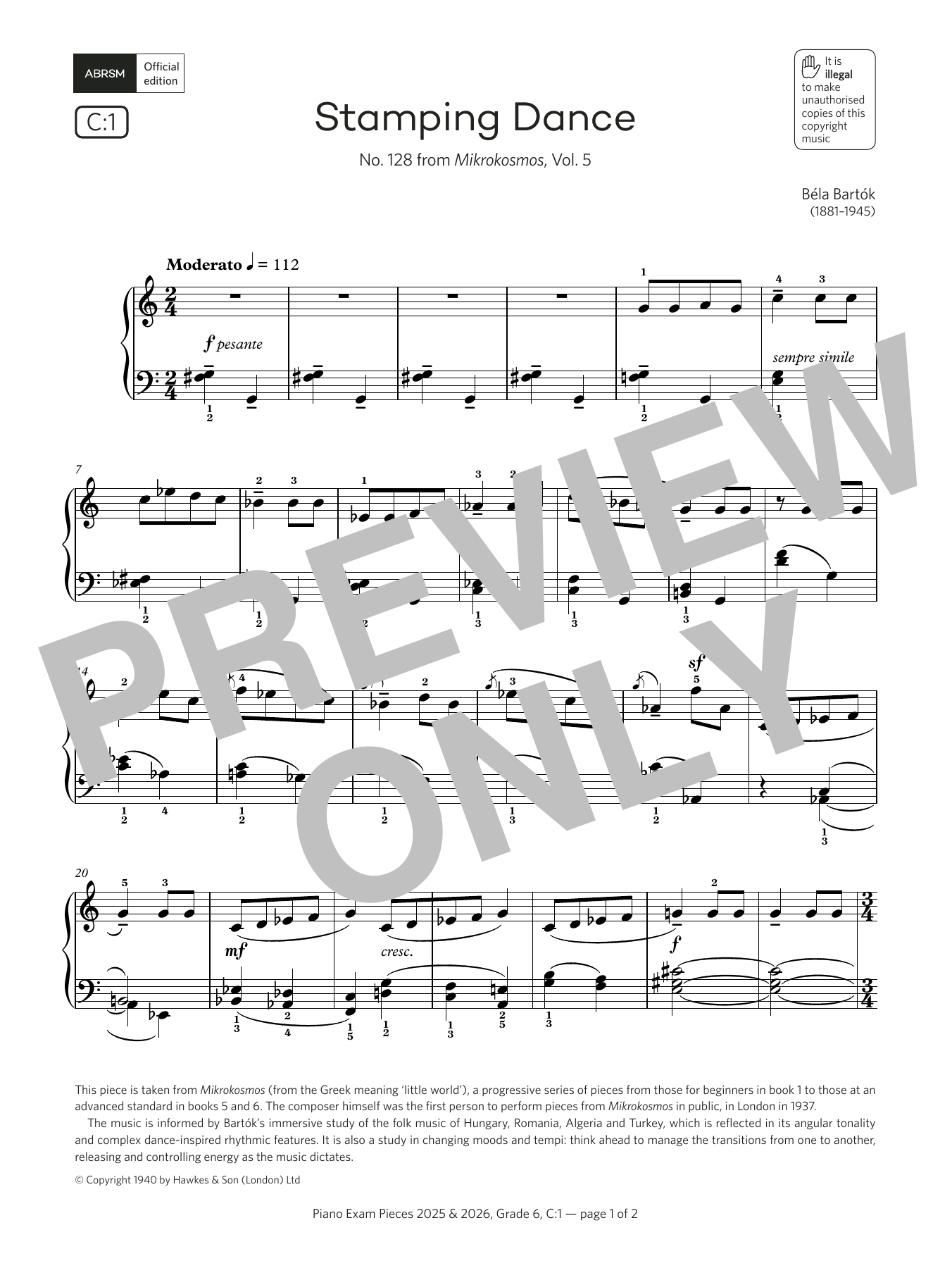 Béla Bartók Stamping Dance (Grade 6, list C1, from the ABRSM Piano Syllabus 2025 & 2026) Sheet Music Notes & Chords for Piano Solo - Download or Print PDF