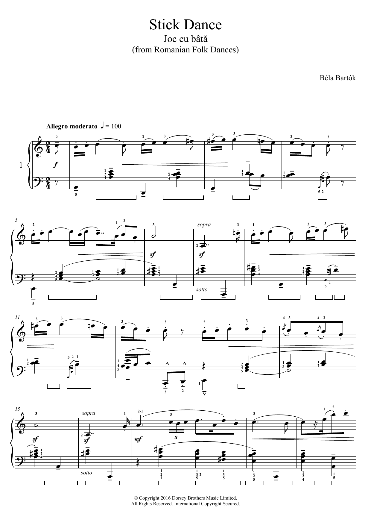 Béla Bartók Stick Dance (from Romanian Folk Dances) Sheet Music Notes & Chords for Piano - Download or Print PDF Béla Bartók Stick Dance (from Romanian Folk Dances) Sheet Music Notes & Chords for Piano - Download or Print PDF
