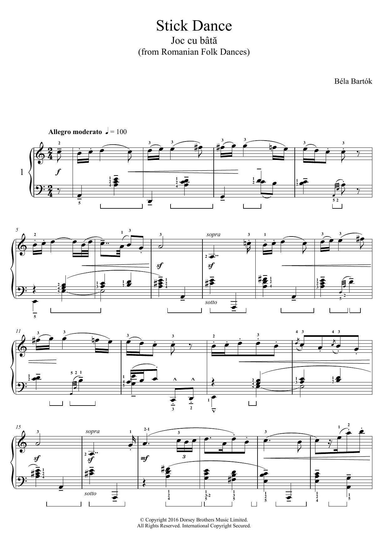 Béla Bartók Stick Dance (from Romanian Folk Dances) Sheet Music Notes & Chords for Piano - Download or Print PDF
