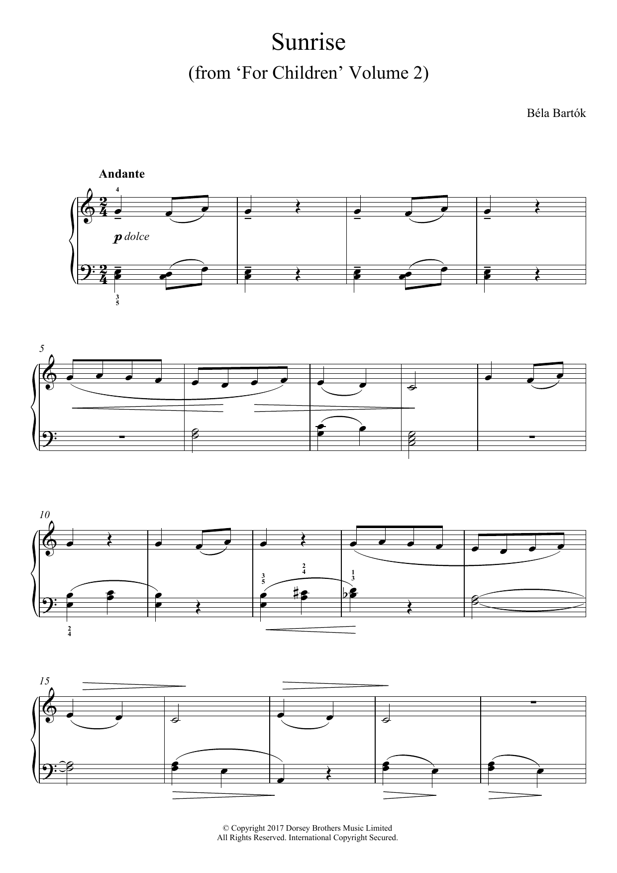 Bela Bartok Sunrise (from For Children Volume 2) Sheet Music Notes & Chords for Easy Piano - Download or Print PDF