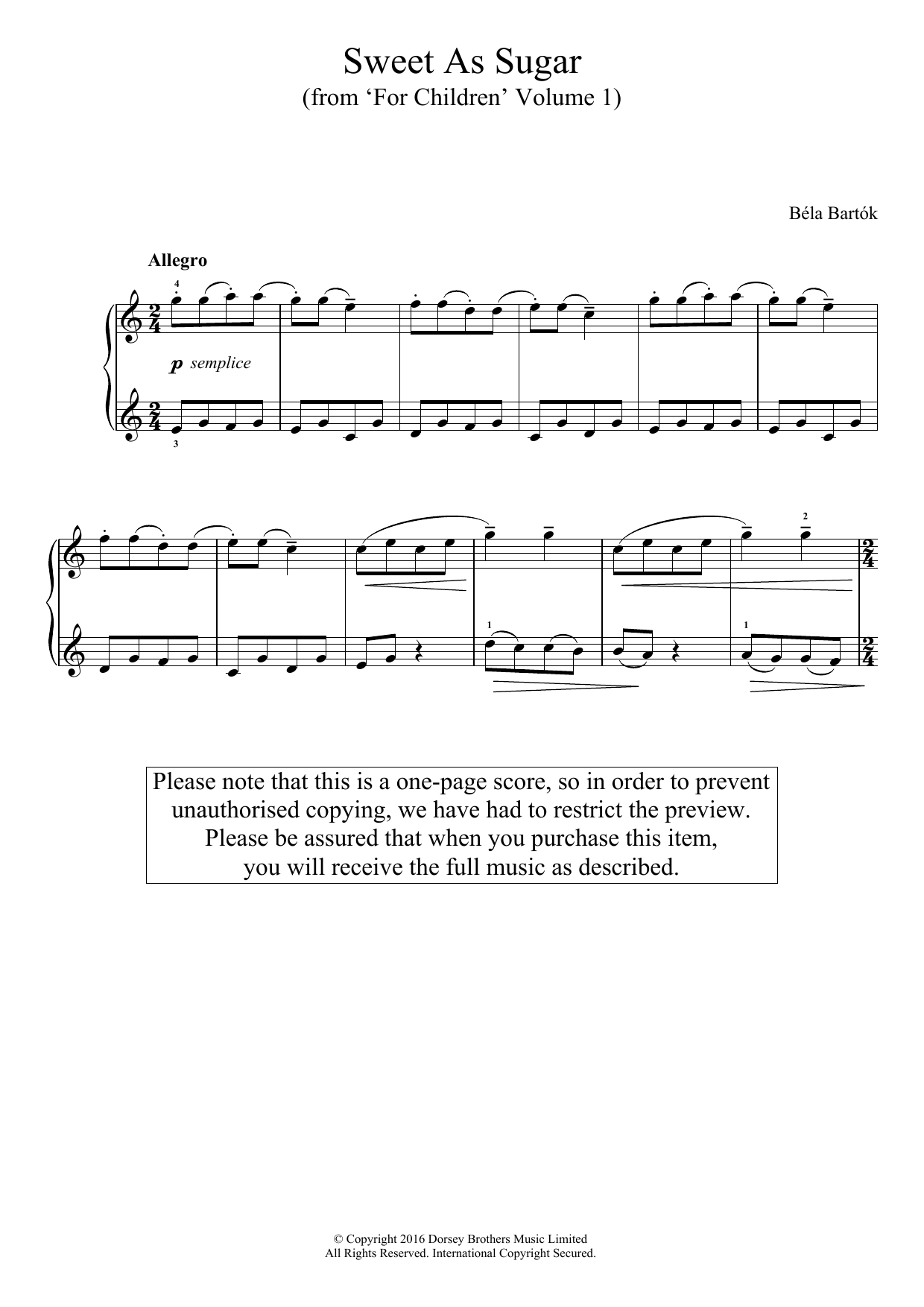 Béla Bartók Sweet As Sugar (from 'For Children', Volume 1) Sheet Music Notes & Chords for Easy Piano - Download or Print PDF