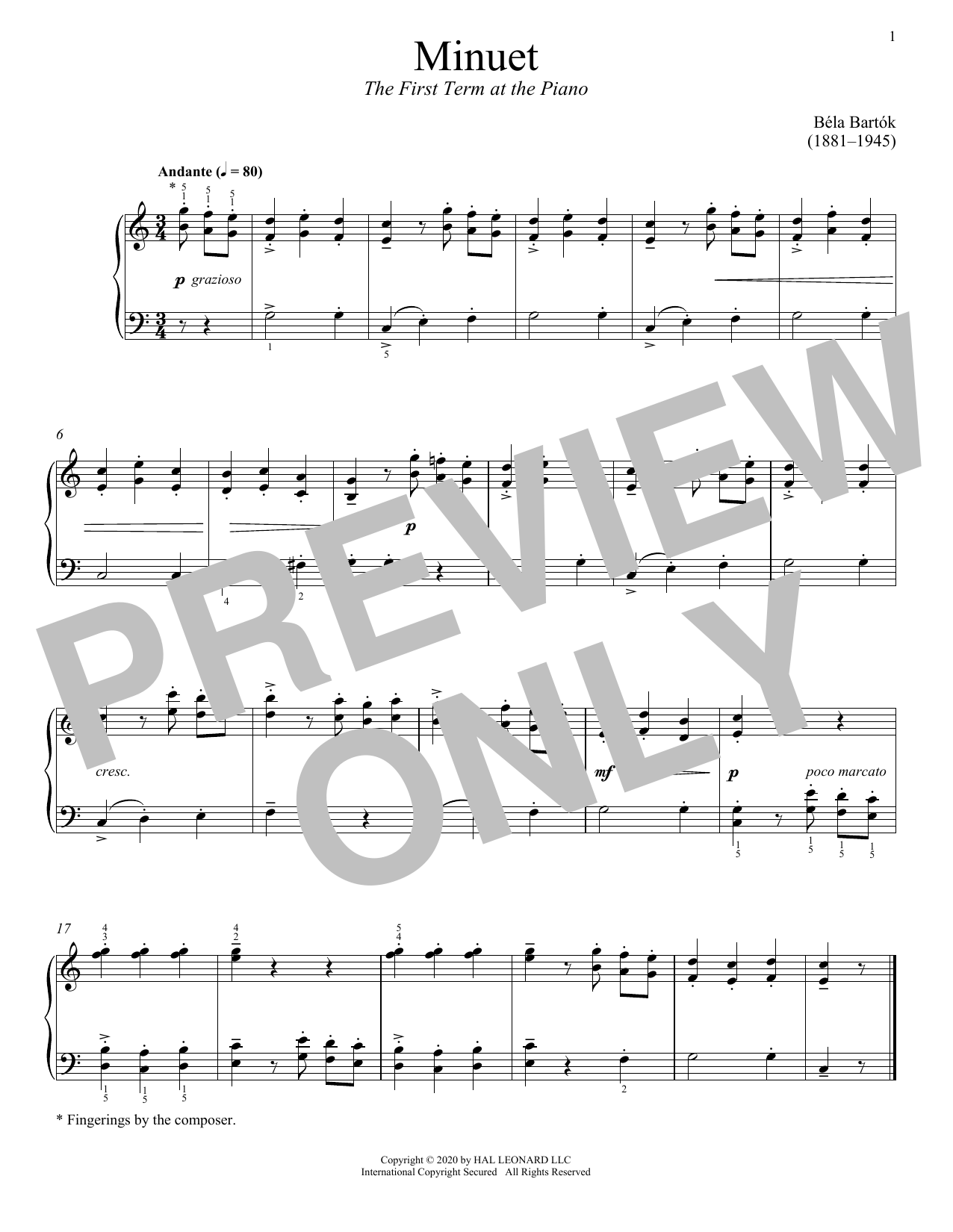 Béla Bartók The First Term At The Piano, Minuet Sheet Music Notes & Chords for Piano Solo - Download or Print PDF