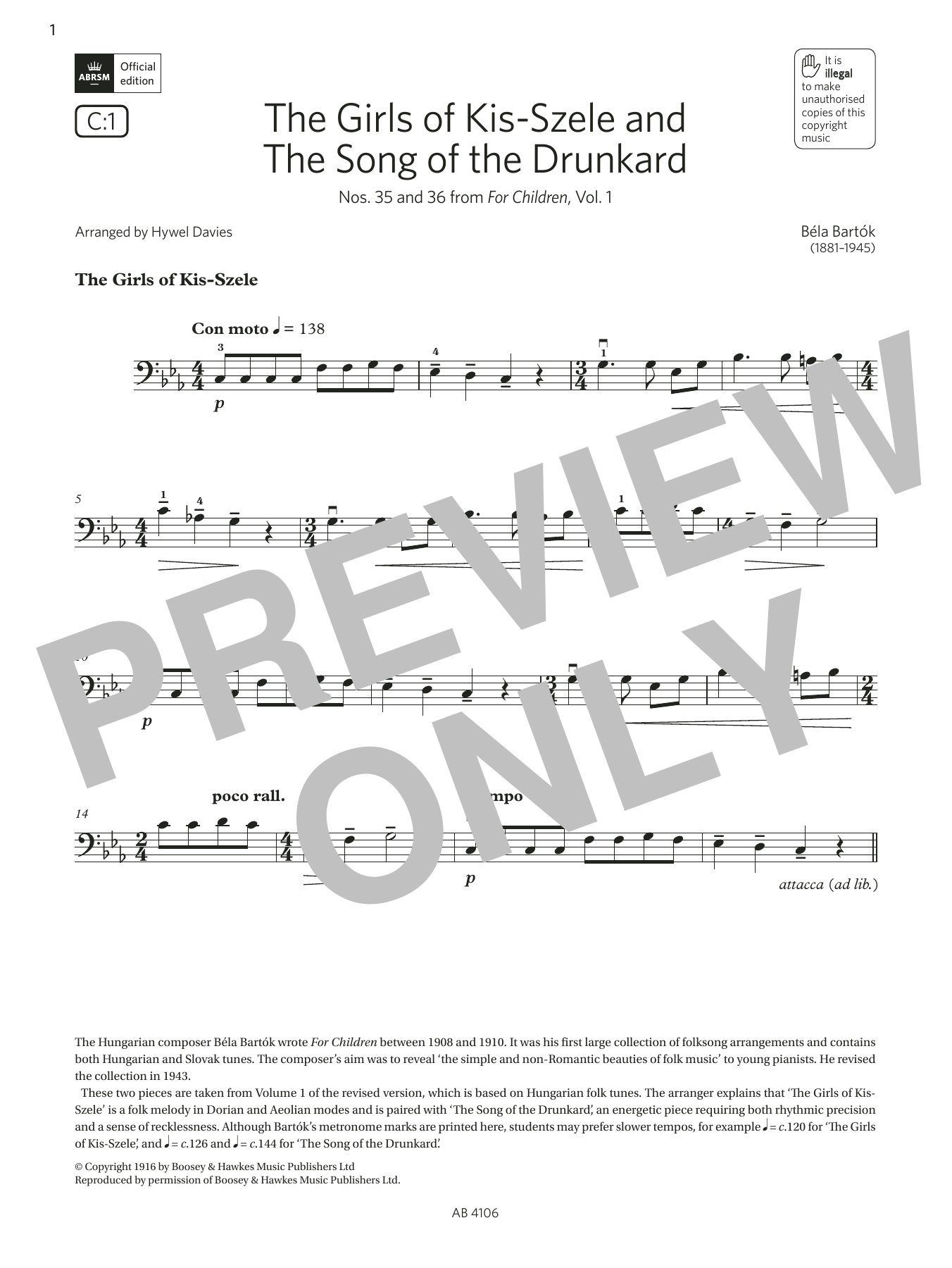 Béla Bartók The Girls of Kis-Szele and The Song of the Drunkard (Grade 3, C1 from the ABRSM Cello Syllabus 2024) Sheet Music Notes & Chords for Cello Solo - Download or Print PDF