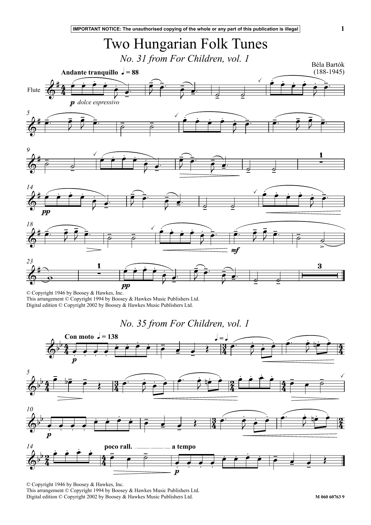 Béla Bartók Two Hungarian Folk Tunes (No. 31 from For Children, Vol. 1) Sheet Music Notes & Chords for Instrumental Solo - Download or Print PDF