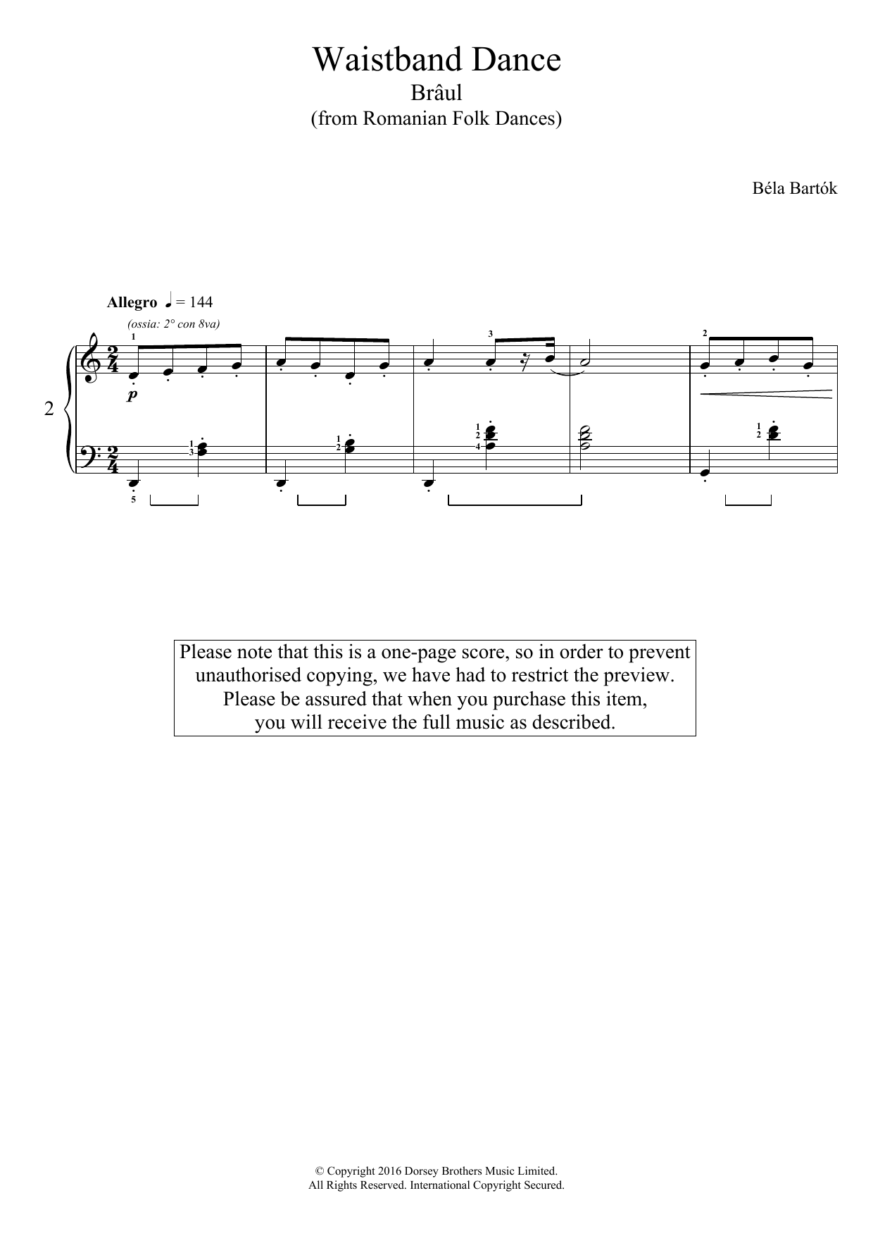 Béla Bartók Waistband Dance (from Romanian Folk Dances) Sheet Music Notes & Chords for Piano - Download or Print PDF