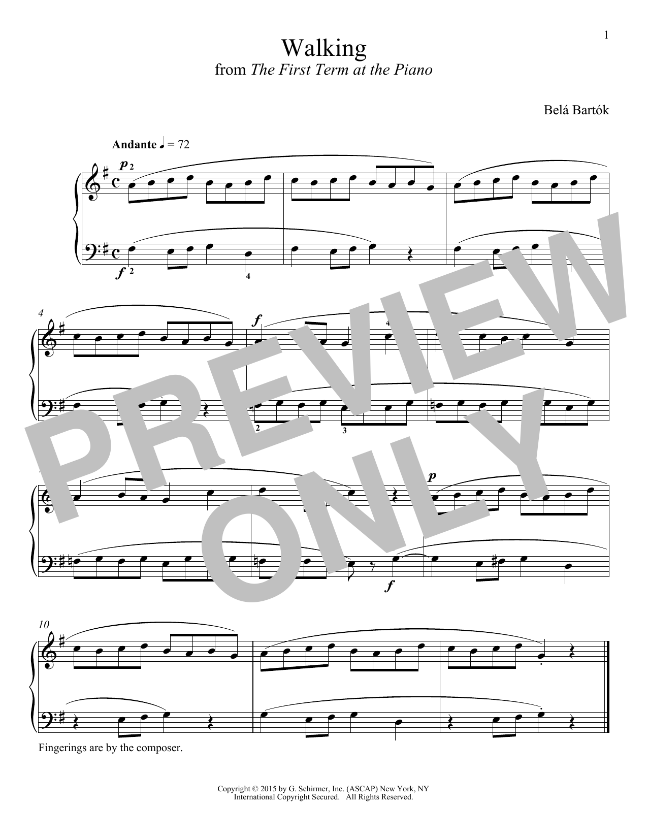 Béla Bartók Walking Sheet Music Notes & Chords for Piano - Download or Print PDF