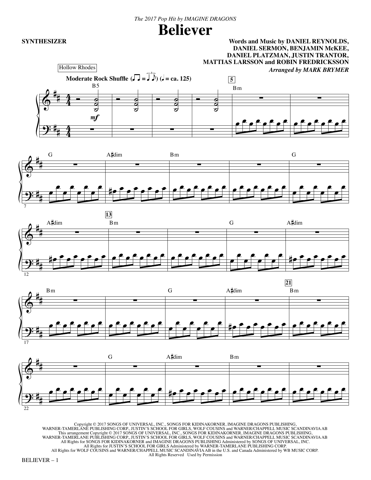 Imagine Dragons Believer Arr Mark Brymer Synthesizer Sheet Music Download Pdf Score