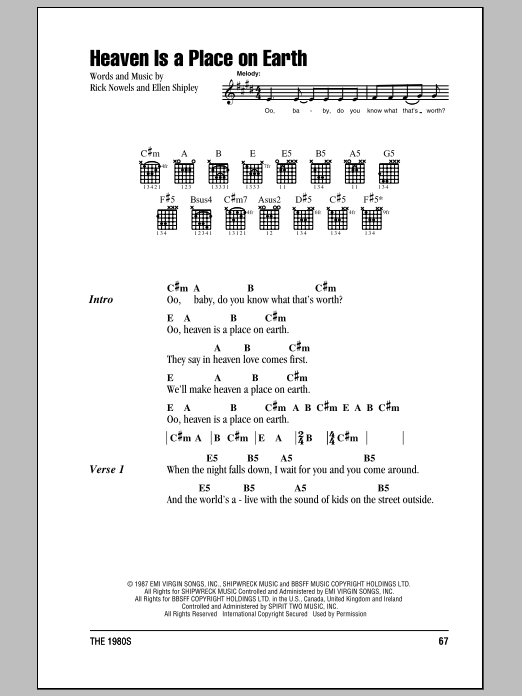 Belinda Carlisle Heaven Is A Place On Earth Sheet Music Notes & Chords for Lyrics & Chords - Download or Print PDF