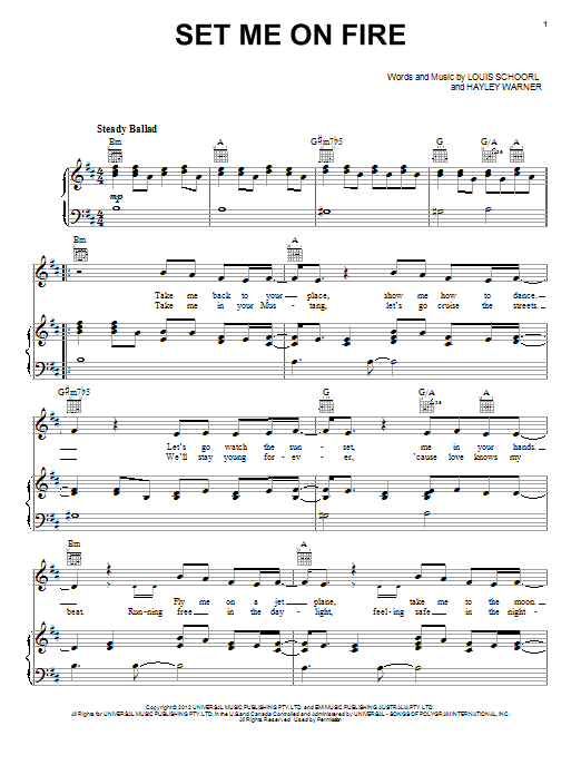 Bella Ferraro Set Me On Fire Sheet Music Notes & Chords for Piano, Vocal & Guitar (Right-Hand Melody) - Download or Print PDF