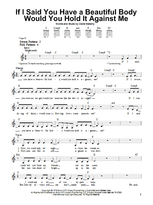 Preview Bellamy Brothers If I Said You Have A Beautiful Body Would You Hold It Against Me Country sheet music, notes and chords for Easy Guitar, SKU: 72132 If I Said You Have A Beautiful Body Would You Hold It Against Me sheet music