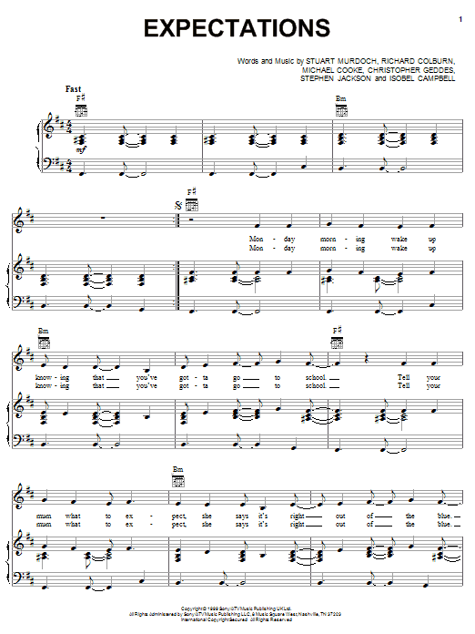 Belle And Sebastian Expectations Sheet Music Notes & Chords for Piano, Vocal & Guitar (Right-Hand Melody) - Download or Print PDF
