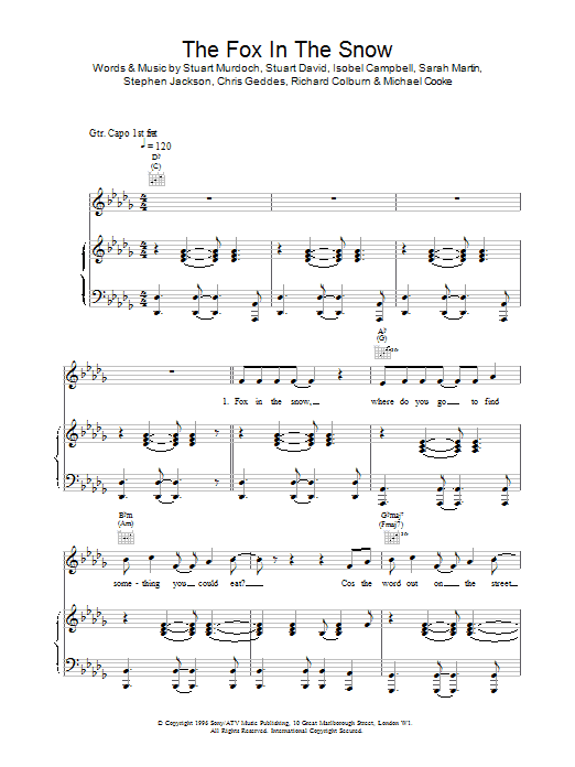 Belle And Sebastian Fox In The Snow Sheet Music Notes & Chords for Piano, Vocal & Guitar - Download or Print PDF