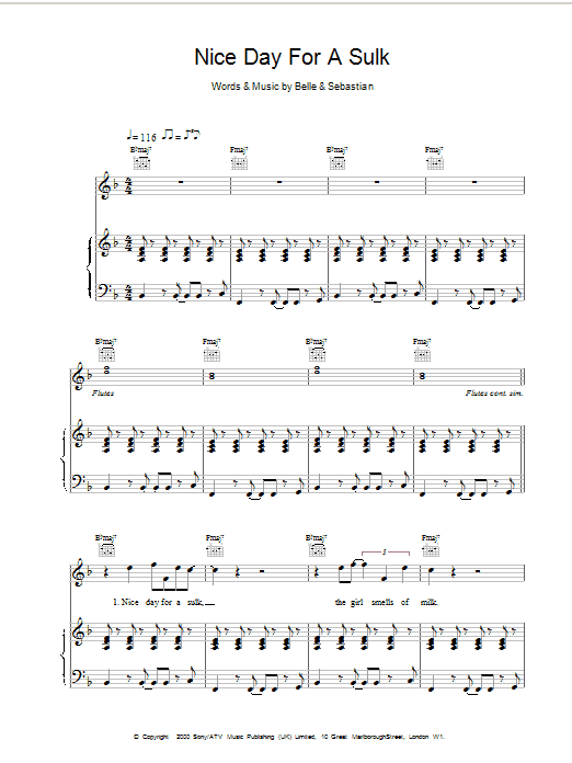 Belle And Sebastian Nice Day For A Sulk Sheet Music Notes & Chords for Piano, Vocal & Guitar - Download or Print PDF