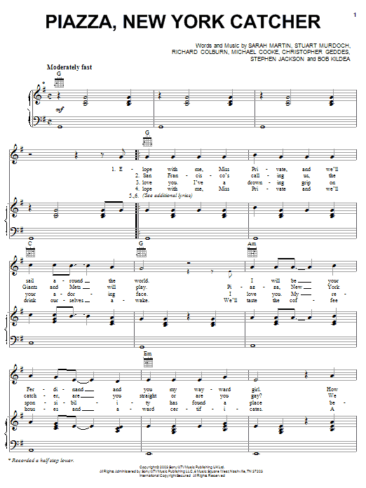 Belle And Sebastian Piazza, New York Catcher Sheet Music Notes & Chords for Piano, Vocal & Guitar (Right-Hand Melody) - Download or Print PDF