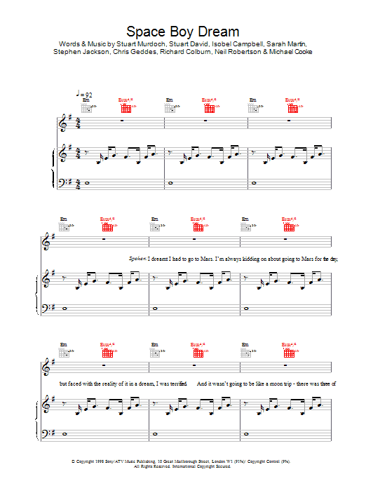 Belle And Sebastian Space Boy Dream Sheet Music Notes & Chords for Piano, Vocal & Guitar - Download or Print PDF